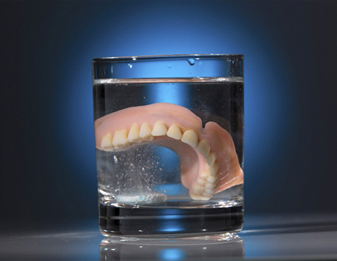 dentures placed in a glass of denture soaking solution