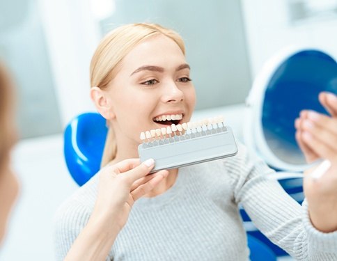 Woman looking at smile and porcelain veneer shade options