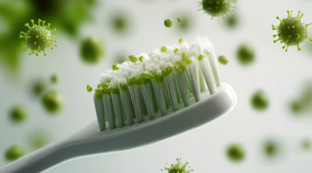 An AI image of a toothbrush and green bacteria